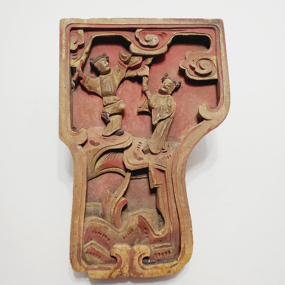 Antique Chinese Wooden Panel Hand Carved 2 Robed Figures 6.5x9.5x1.25"